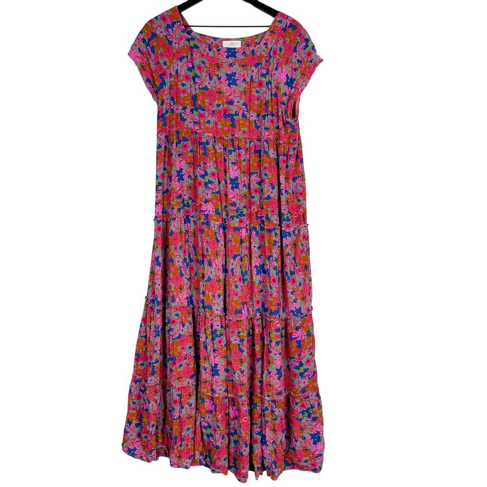 Natural Life Avery Maxi Long Tiered Flowy Pink Blue Floral Dress - L